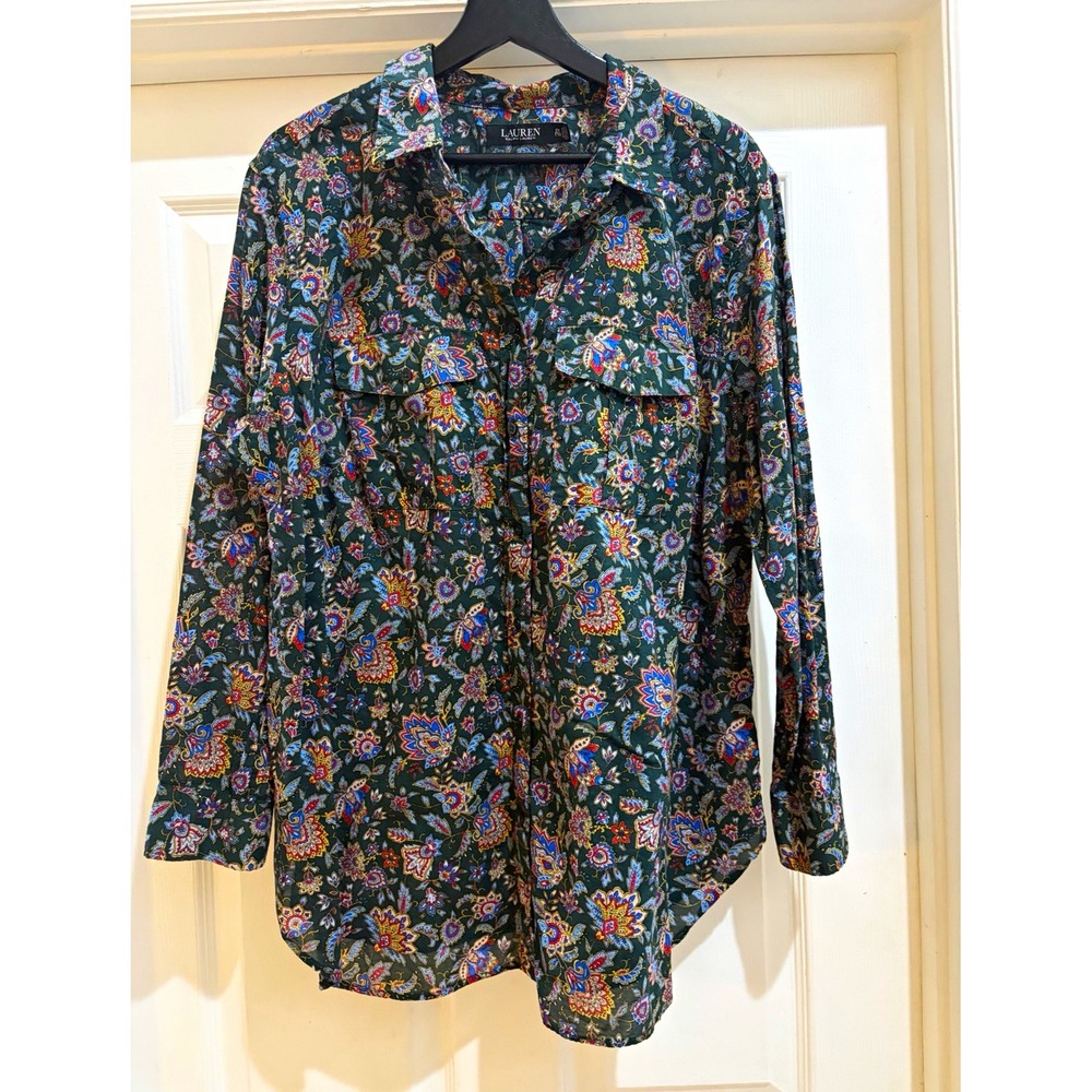 Lauren Ralph Lauren Womens 2X Plus Green Paisley Cotton Button-Up Blouse Pockets